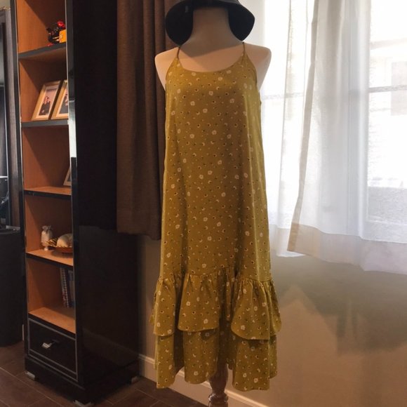 (AA8) NEW - White-Flowered on Olive-greened Spaghetti Strap Dress - Picture 1 of 1